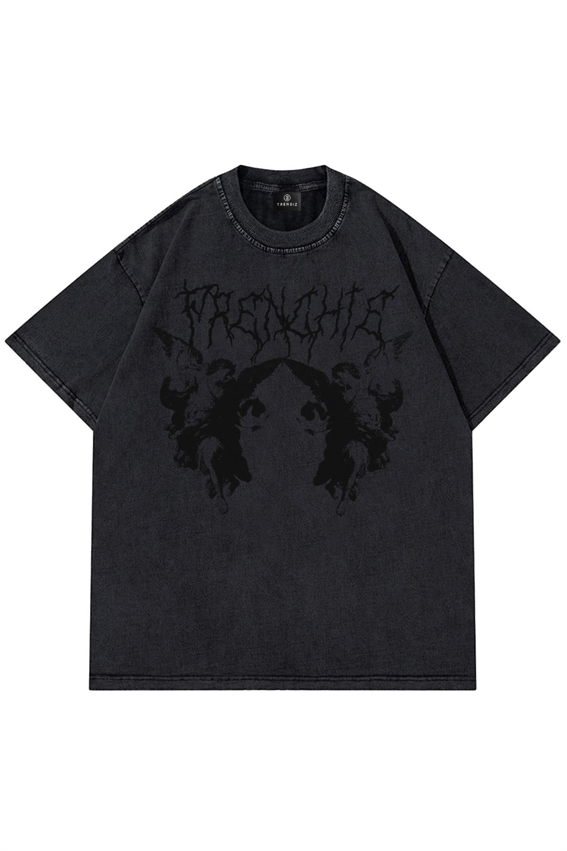 Unisex Gothic Angel Yıkamalı Antrasit Tshirt